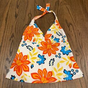 Lands End Womens White Orange Blue Floral Halter Tankini Swim Suit Top Size 8